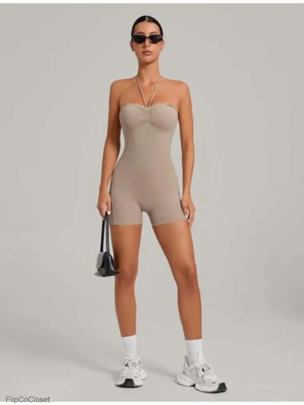 Womens Workout Romper with Pockets Adjustable Straps Backless Jumpsuit